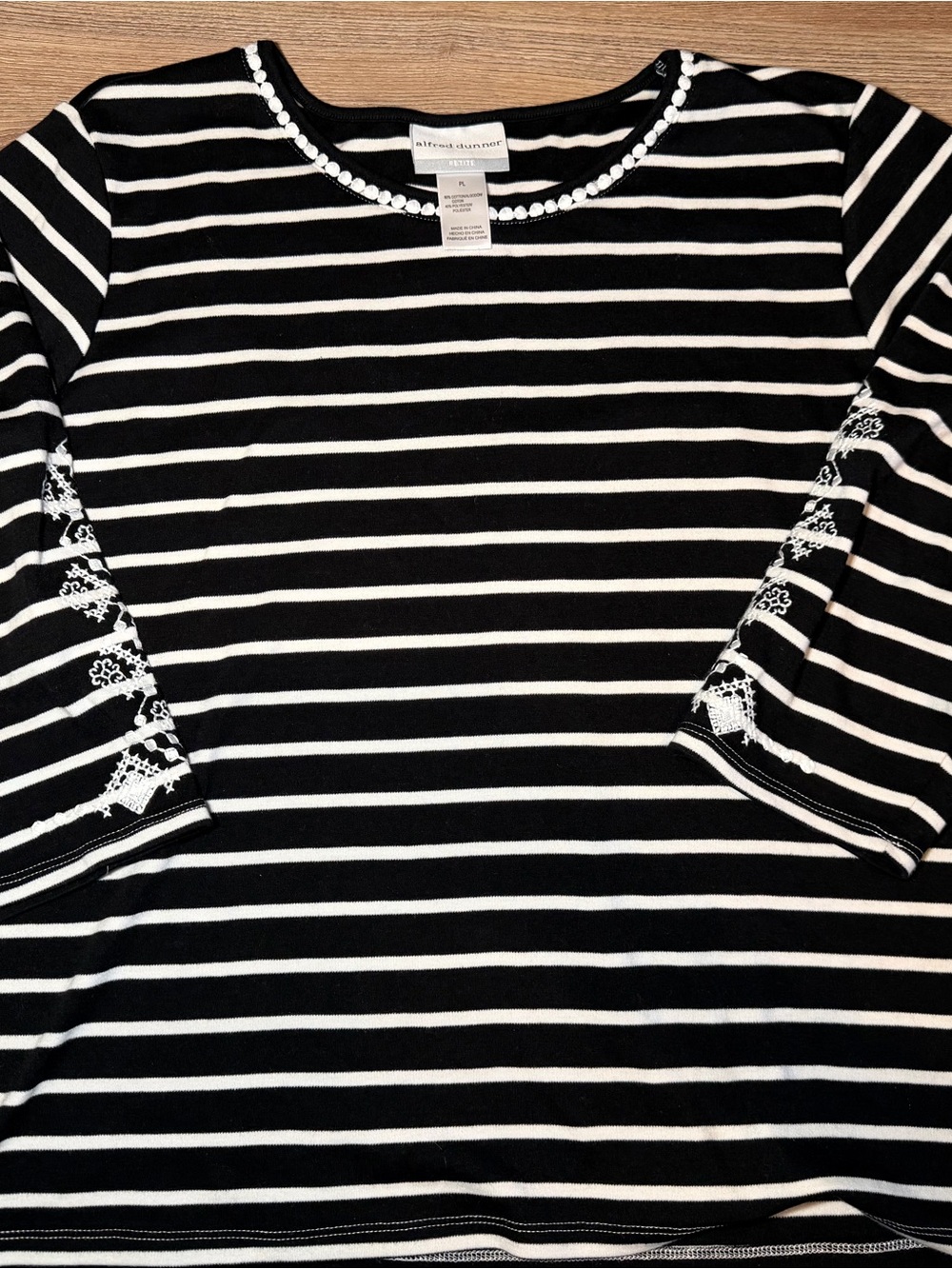 Alfred Dunner Black & White Striped Top with Embroidered Sleeves